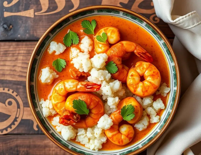 Пикантное карри с креветками и рисом